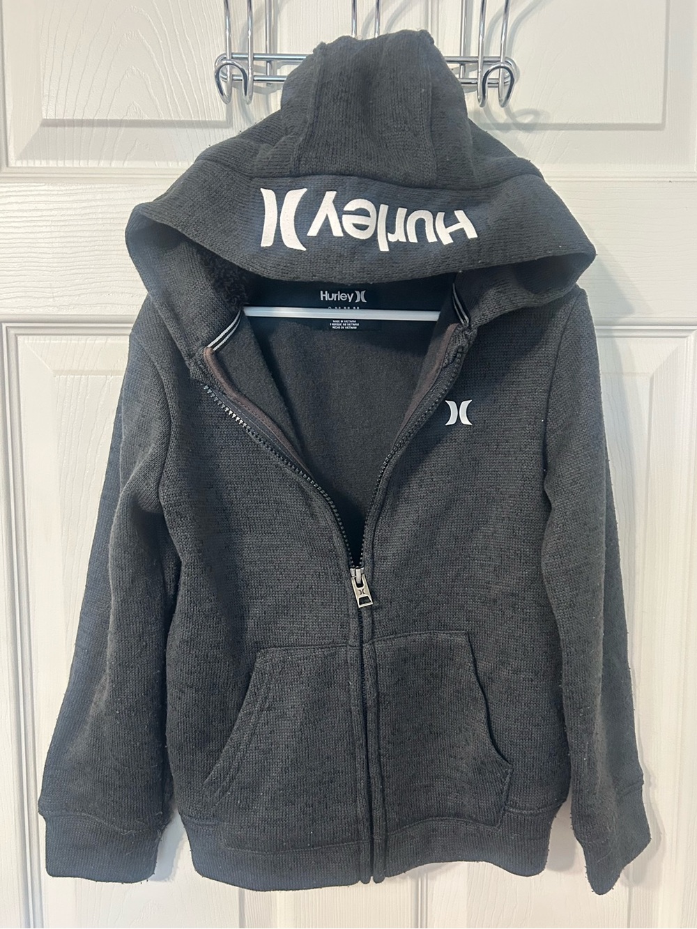Boys, Hurley, Dark Gray Zip-Up Jacket with Hood, Soft Warm Knit, Size 6